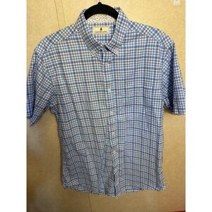Southern Pines Men's Medium Blue Plaid Gingham Button Front Shirt Short Sleeve